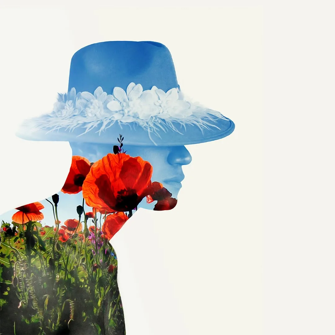 création d'une double exposition d'une silhouette d'homme à chapeau avec des coquelicots par bo école organisme en design graphique