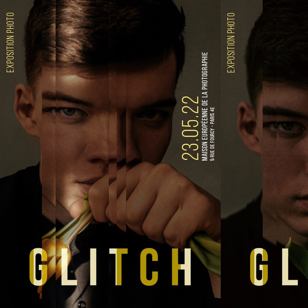 Mise en page d'une affiche esprit glitch avec la quatrième photo d'une série de shoot.