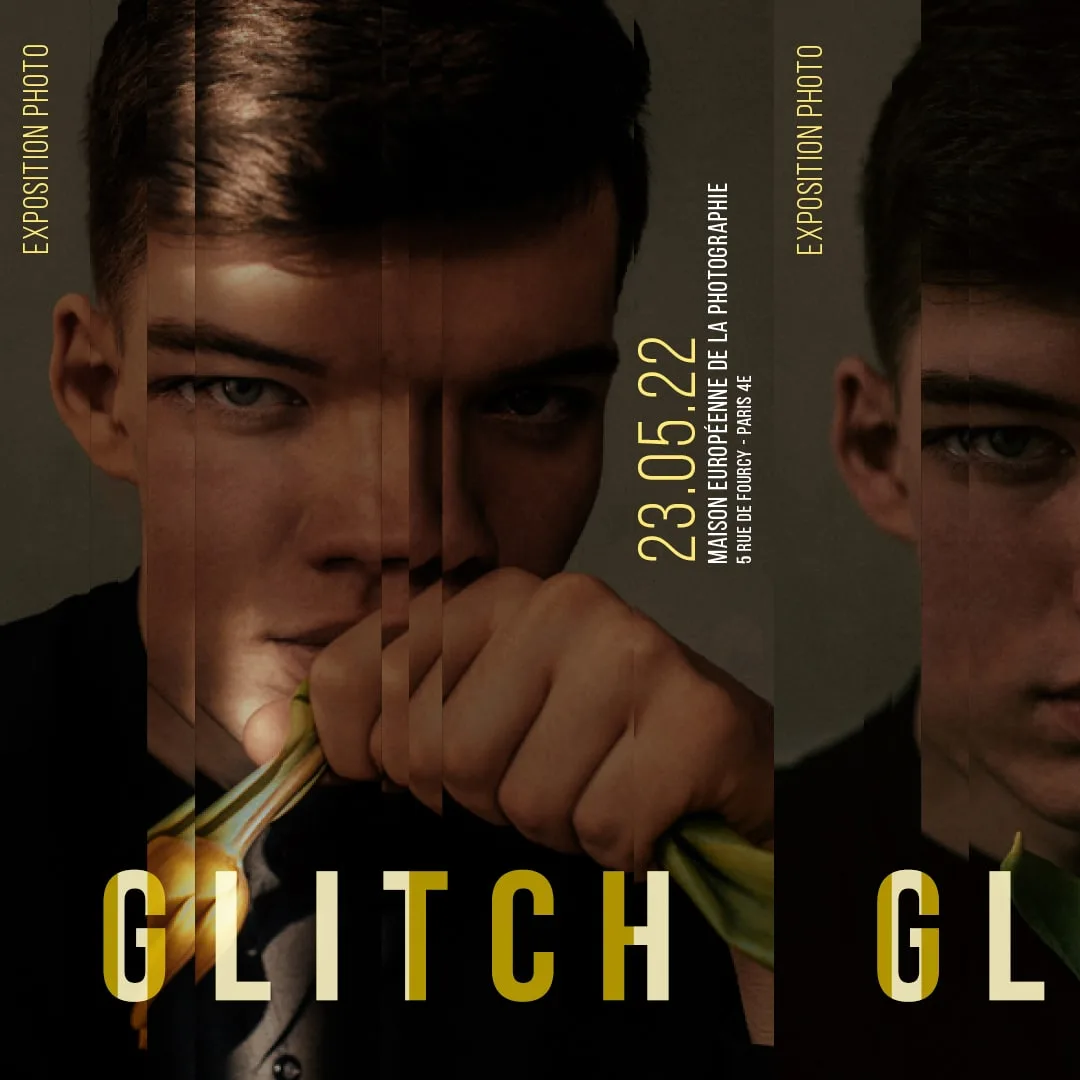 Mise en page d'une affiche esprit glitch avec la quatrième photo d'une série de shoot.