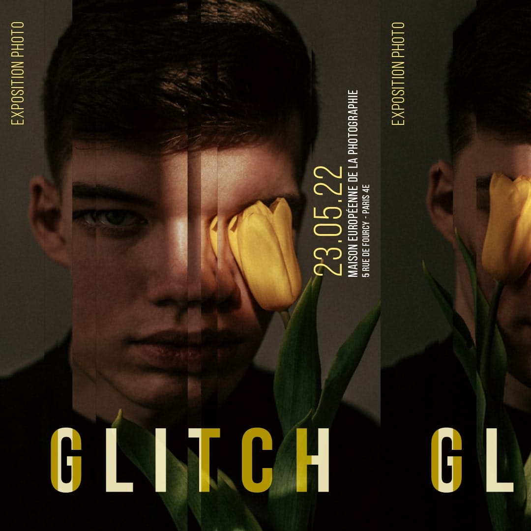 Mise en page d'une affiche esprit glitch avec la troisième photo d'une série de shoot.