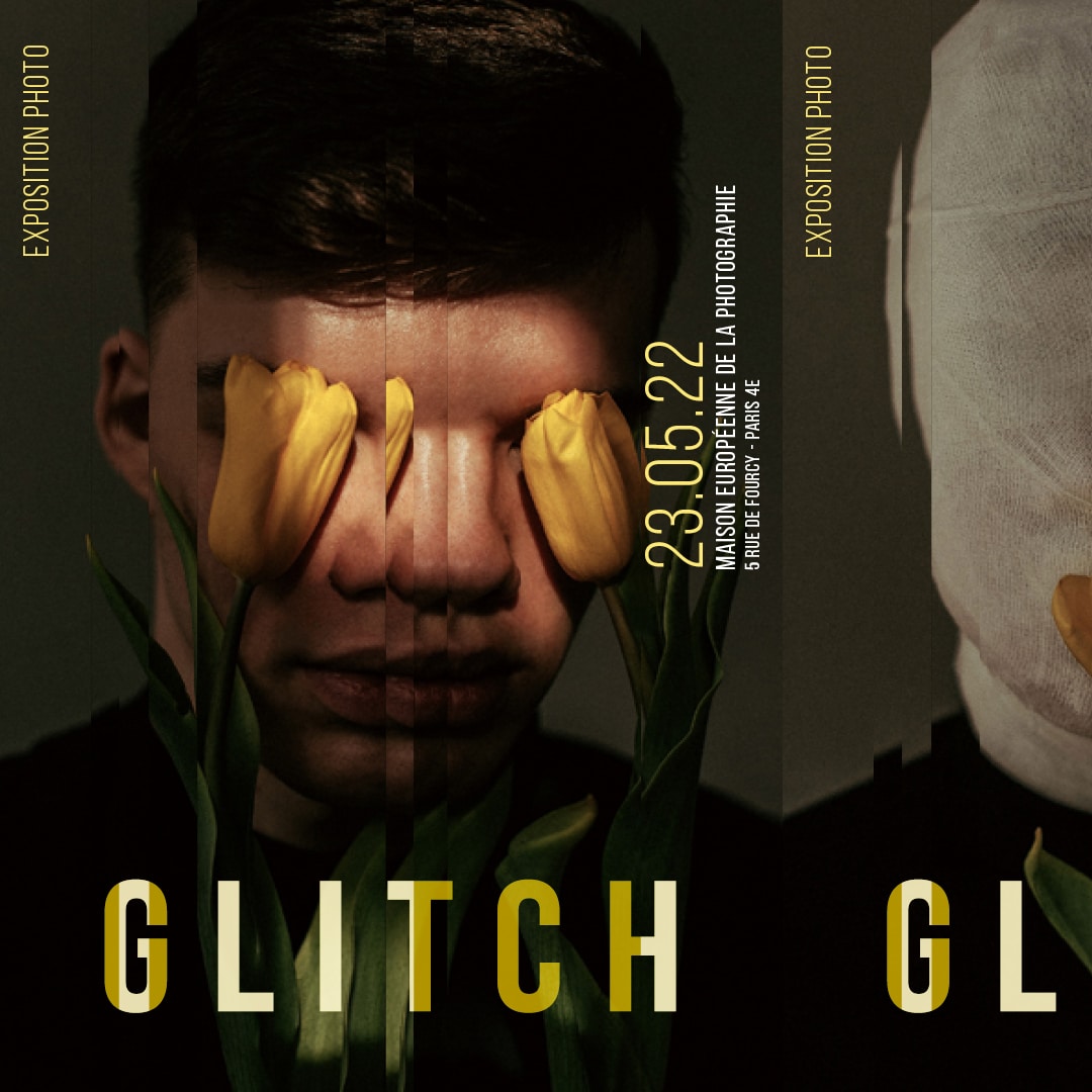 Mise en page d'une affiche esprit glitch avec la deuxième photo d'une série de shoot.