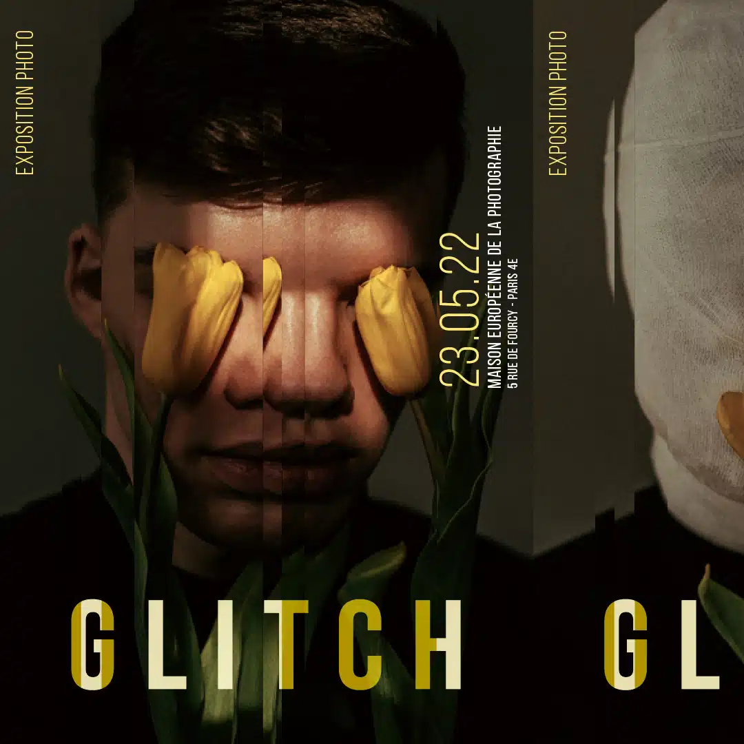 Mise en page d'une affiche esprit glitch avec la deuxième photo d'une série de shoot.