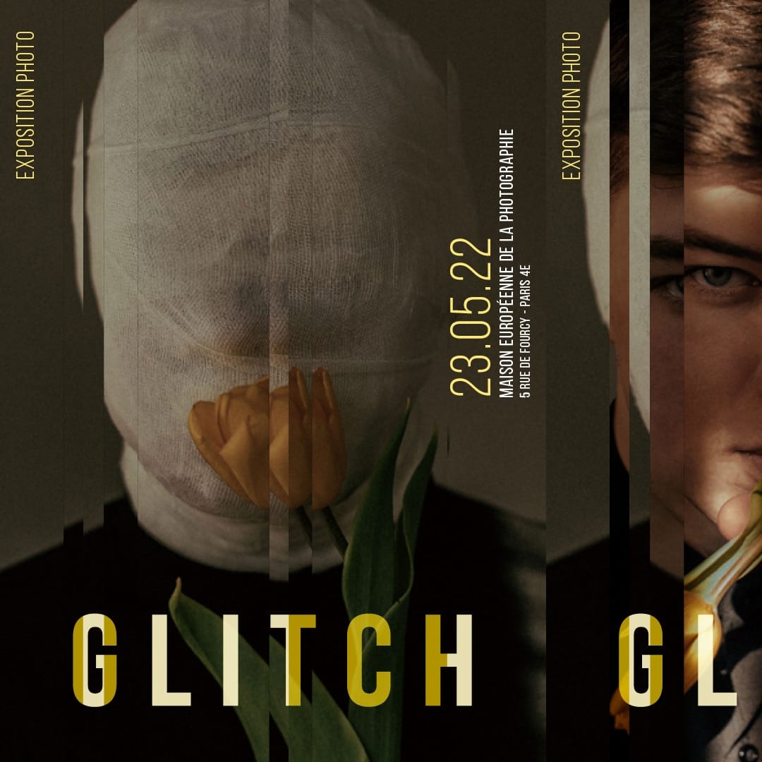 Mise en page d'une affiche esprit glitch avec la première photo d'une série de shoot.