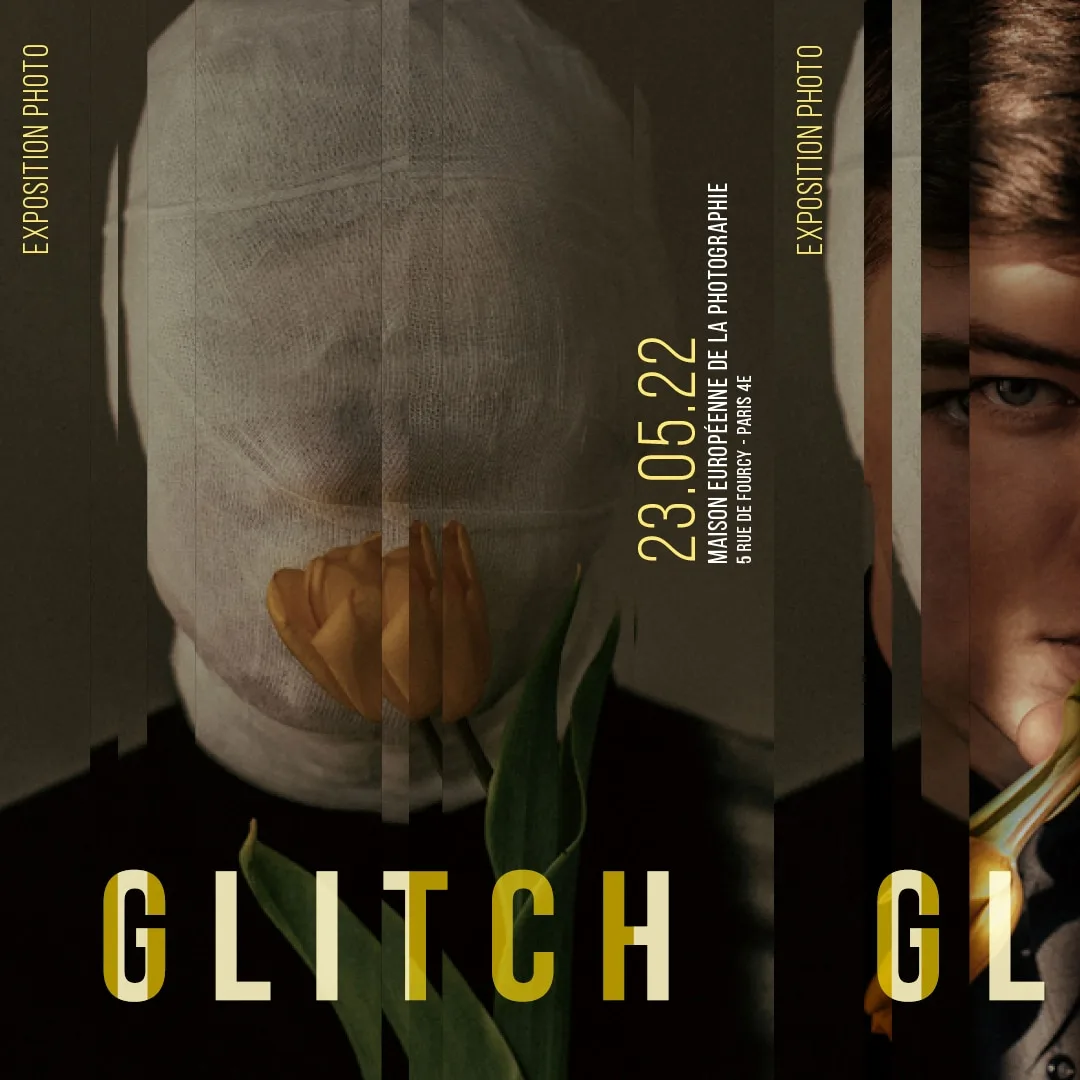 Mise en page d'une affiche esprit glitch avec la première photo d'une série de shoot.