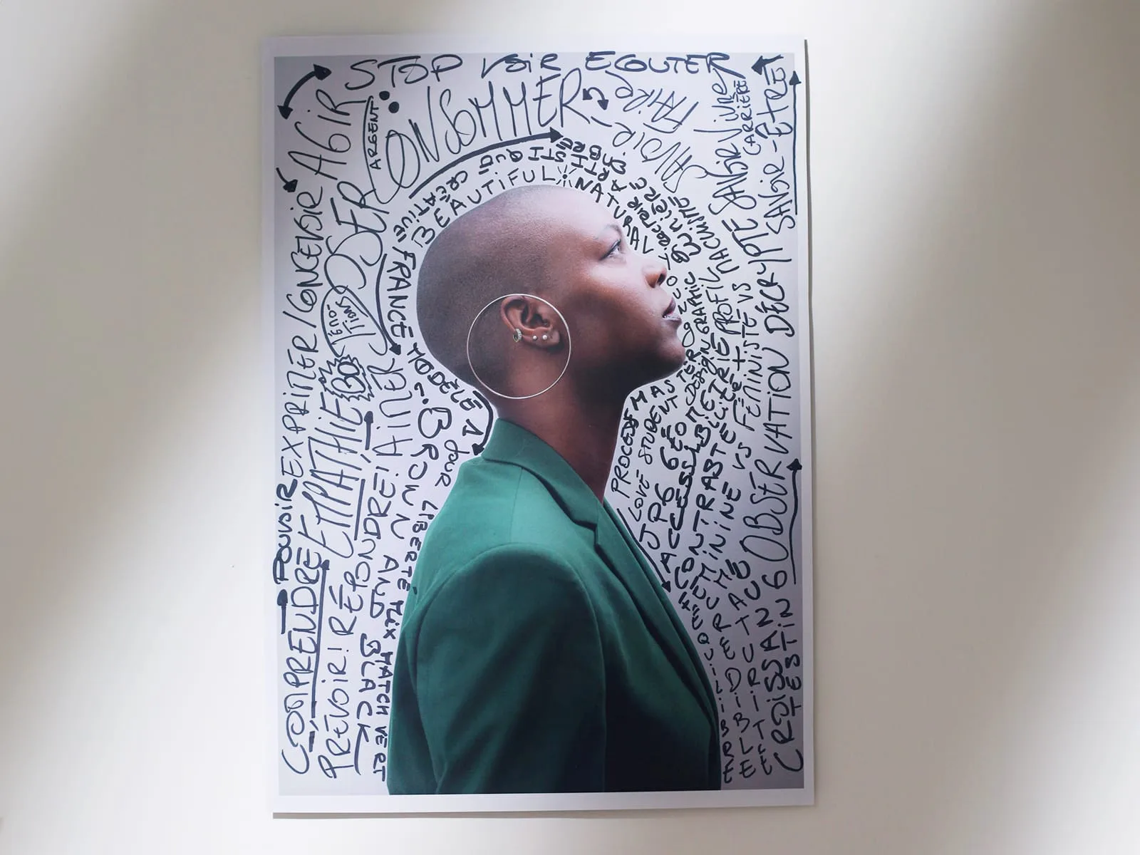 Étudiante réfléchissant avec des mots inspirants écrits autour d'elle