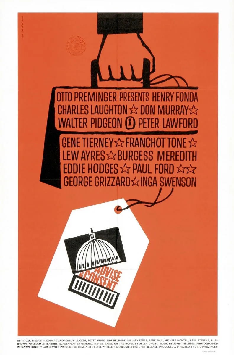 Affiche de "Advise and Consent" conçue par Saul Bass, montrant une main tenant une mallette et une étiquette avec le dôme du Capitole.