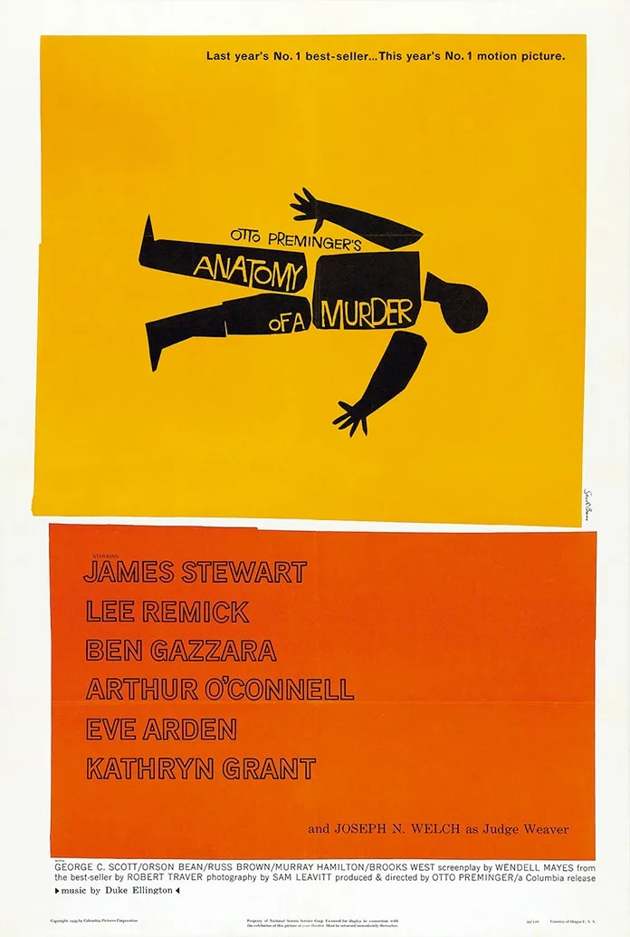 Affiche de "Anatomy of a Murder" conçue par Saul Bass, avec une silhouette noire découpée sur un fond orange vif.