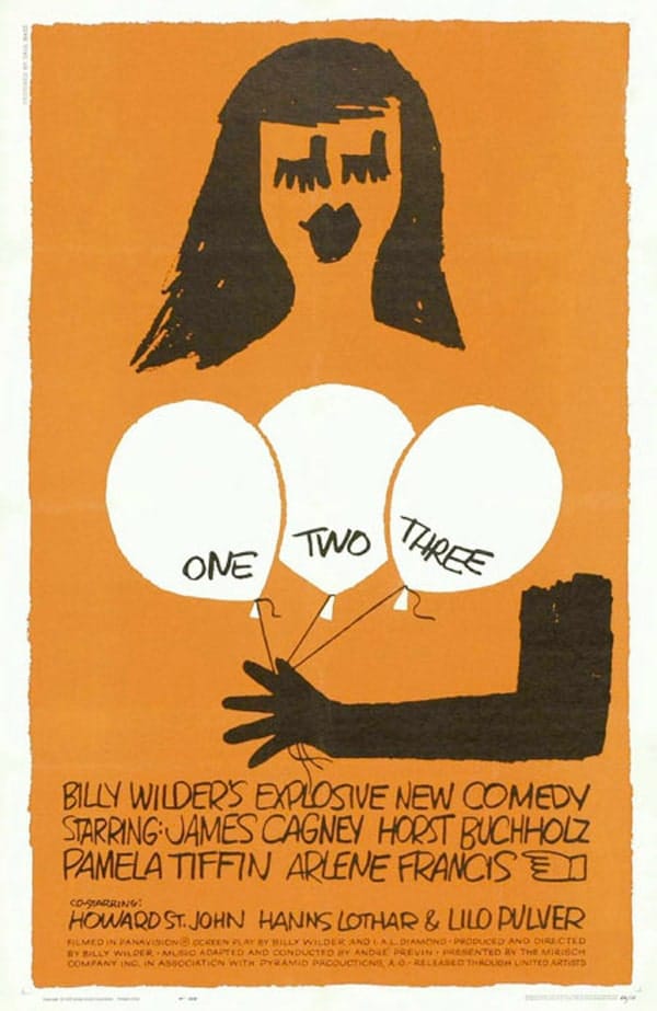 Affiche de "One, Two, Three" conçue par Saul Bass, avec une silhouette de femme et des ballons numérotés.