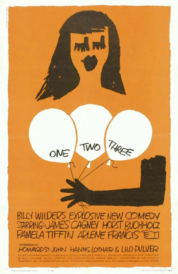 Affiche de "One, Two, Three" conçue par Saul Bass, avec une silhouette de femme et des ballons numérotés.
