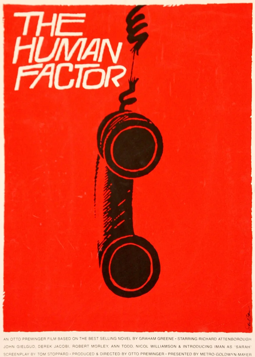 Affiche de "The Human Factor" conçue par Saul Bass, avec un combiné de téléphone stylisé sur fond rouge.