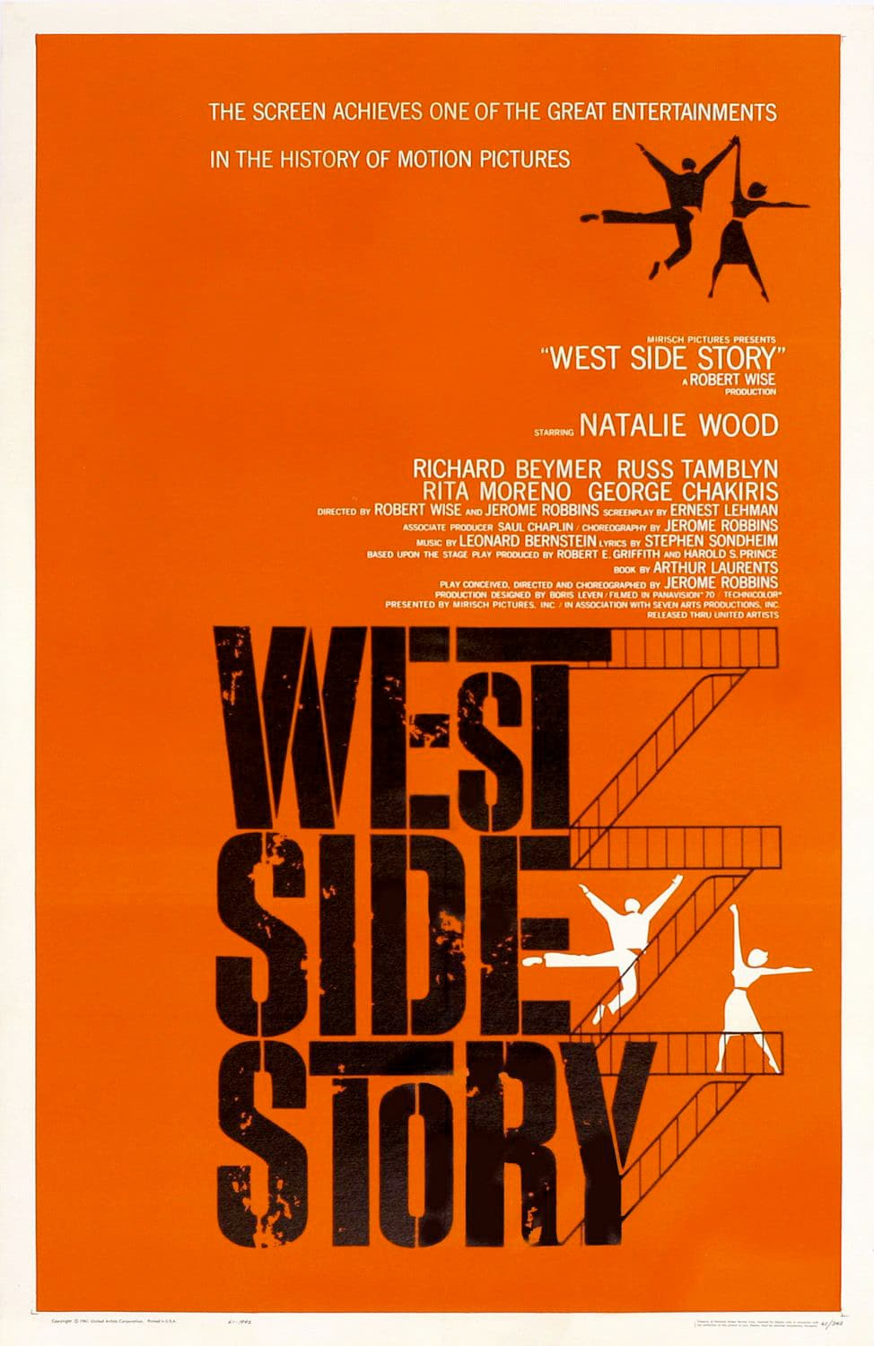 Affiche de "West Side Story" conçue par Saul Bass, avec des silhouettes de danseurs sur fond orange et le titre en lettres noires.