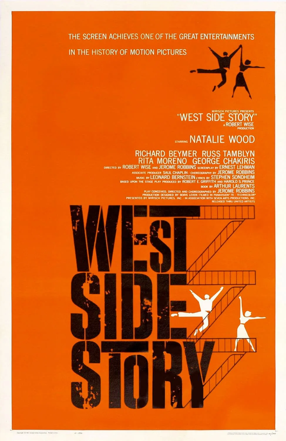 Affiche de "West Side Story" conçue par Saul Bass, avec des silhouettes de danseurs sur fond orange et le titre en lettres noires.