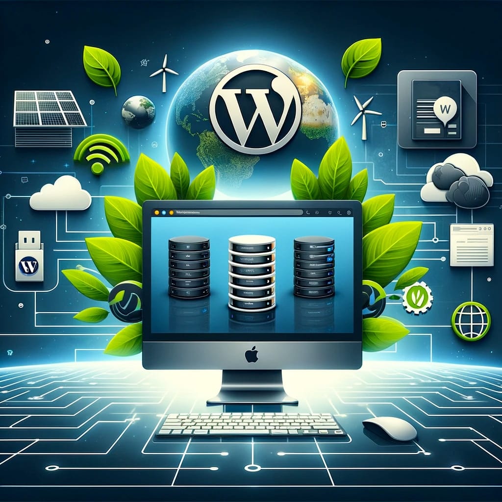 Illustration des meilleurs hébergeurs WordPress en 2024 : O2switch, PlanetHoster et Infomaniak, avec des éléments écoresponsables et des symboles de performance.