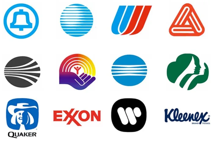 Collection de logotypes célèbres conçus par Saul Bass, incluant AT&T, United Airlines, Exxon, et Warner Bros.