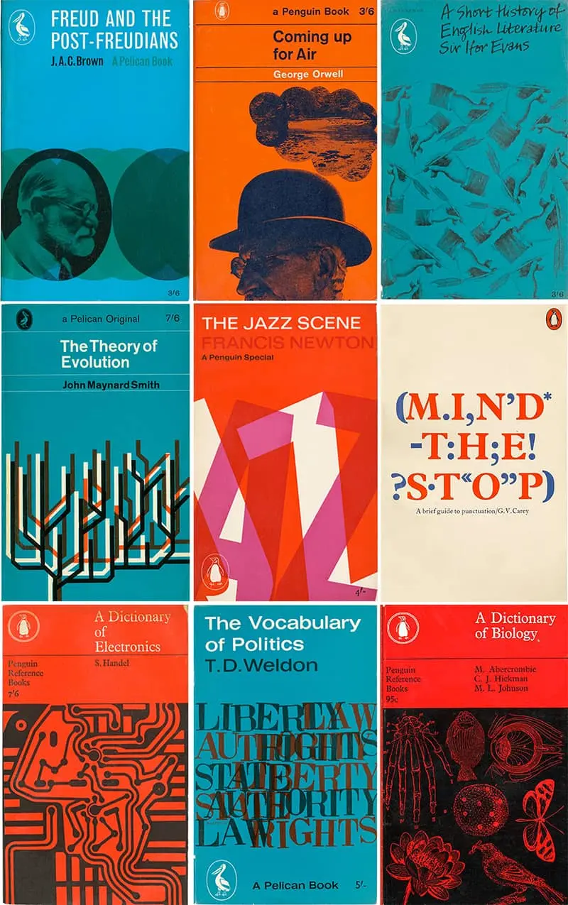 Couvertures de livres créées par Alan Fletcher pour Penguin Books et Pelican Books.