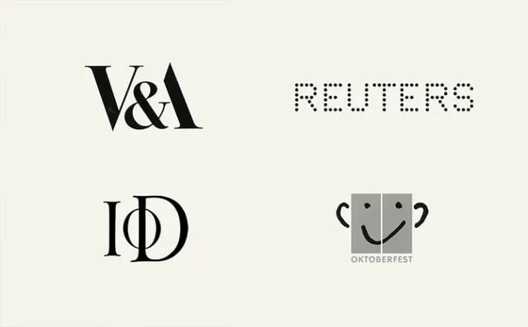 Logos créés par Alan Fletcher, dont le logo de Reuters et du Victoria and Albert Museum.