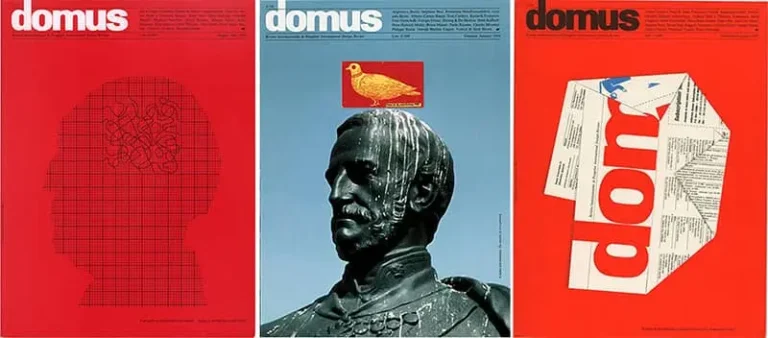 Couvertures du magazine Domus conçues par Alan Fletcher, alliant typographie et imagerie moderne.