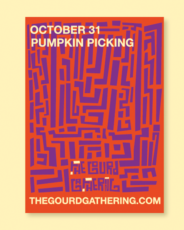 Affiche graphique avec un labyrinthe en rouge et violet pour une cueillette de citrouilles le 31 octobre.