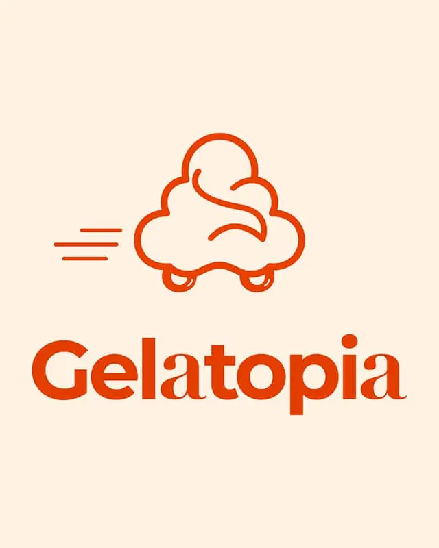 Logo illustré avec un chariot de glace orange lisant 'Gelatopia' sur fond beige.