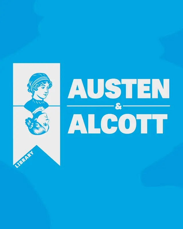 Logo bleu avec portraits de Jane Austen et Louisa May Alcott, accompagné du texte 'Austen & Alcott Library'.