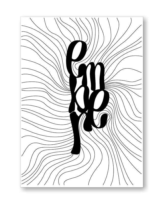 Typographie abstraite en noir et blanc avec des lignes fluides formant le mot 'Ember'.