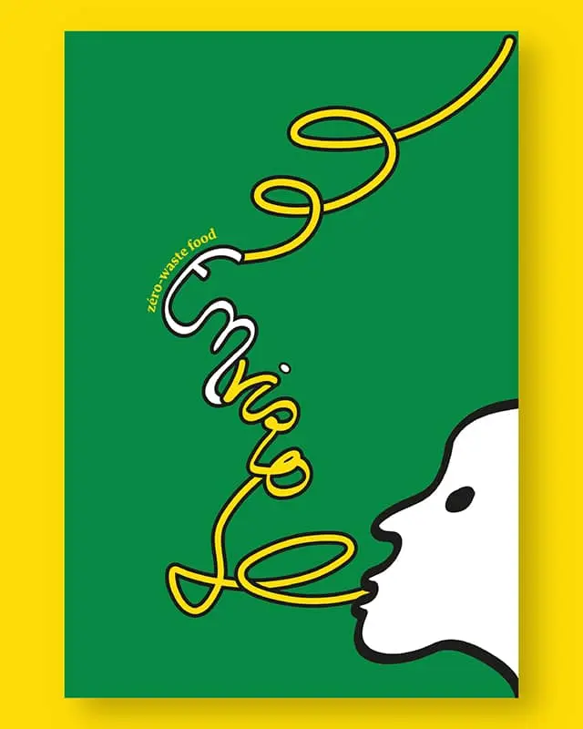 Affiche verte avec une typographie spaghetti jaune formant 'Enviro' et promouvant une alimentation zéro déchet.