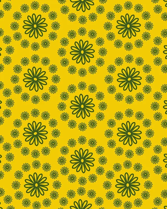 Motif jaune avec des éléments floraux verts.