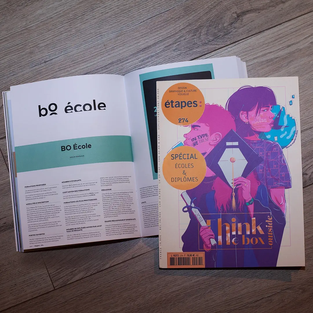 Vue de haut du numéro spécial d'Étapes Magazine dédié aux écoles de graphisme.