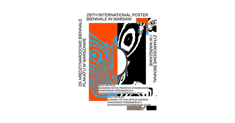 Affiche officielle de la 29e Biennale internationale de l’affiche de Varsovie 2025, mêlant formes abstraites noires et bleues, avec typographie en polonais et en anglais.