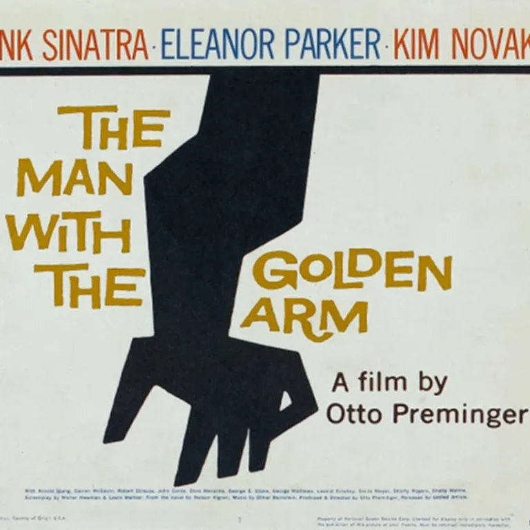 Affiche de film "The Man with the Golden Arm" conçue par Saul Bass, montrant un bras noir stylisé sur fond blanc avec des noms en haut en rouge et bleu.