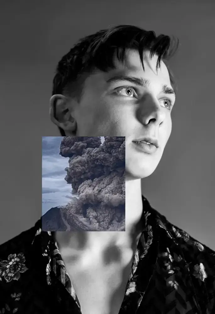 Photomontage créatif d'un volcan sur un visage, un exercice de notre formation courte en graphisme sur Photoshop.