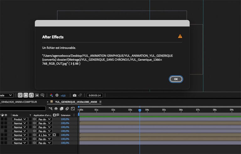Message d'erreur "Un fichier est introuvable" dans After Effects, illustrant un problème de dépendances avec un chemin de fichier absolu.
