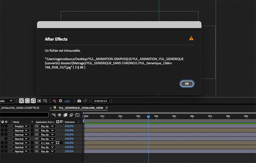 Message d'erreur "Un fichier est introuvable" dans After Effects, illustrant un problème de dépendances avec un chemin de fichier absolu.