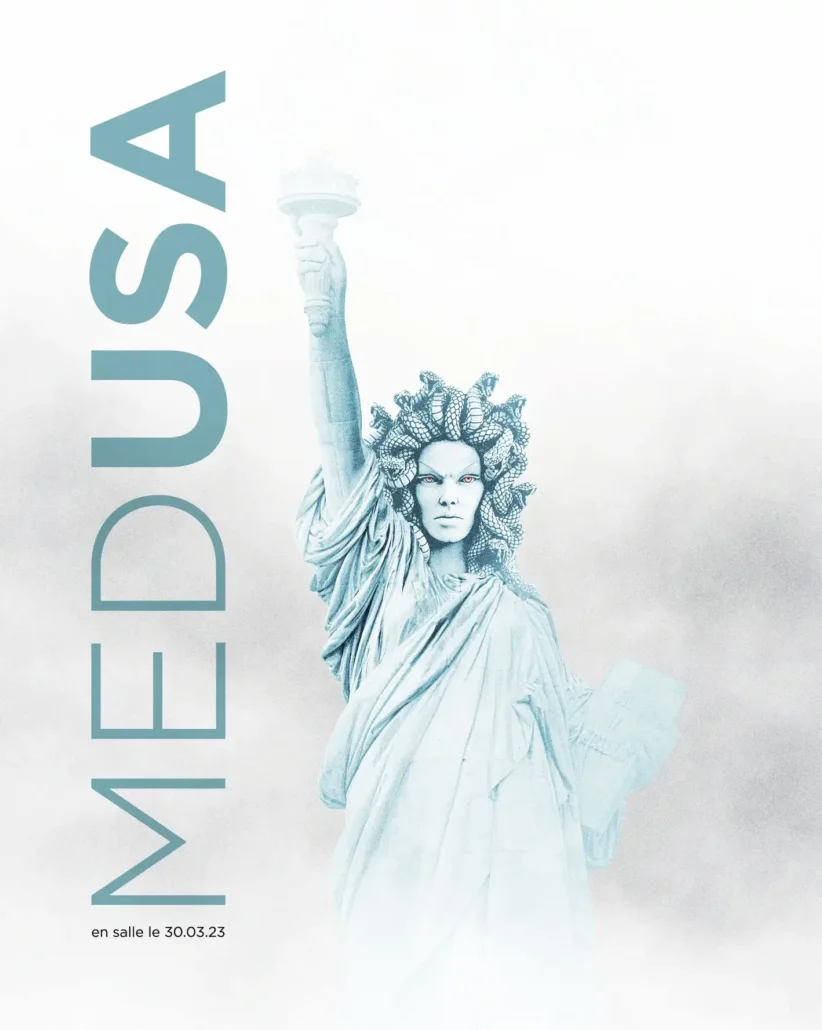 Affiche conceptuelle transformant la Statue de la Liberté en Méduse, un projet de notre formation courte en graphisme.