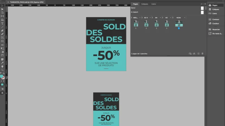 Exemple de déclinaisons de page créées sur InDesign pour une campagne promotionnelle.