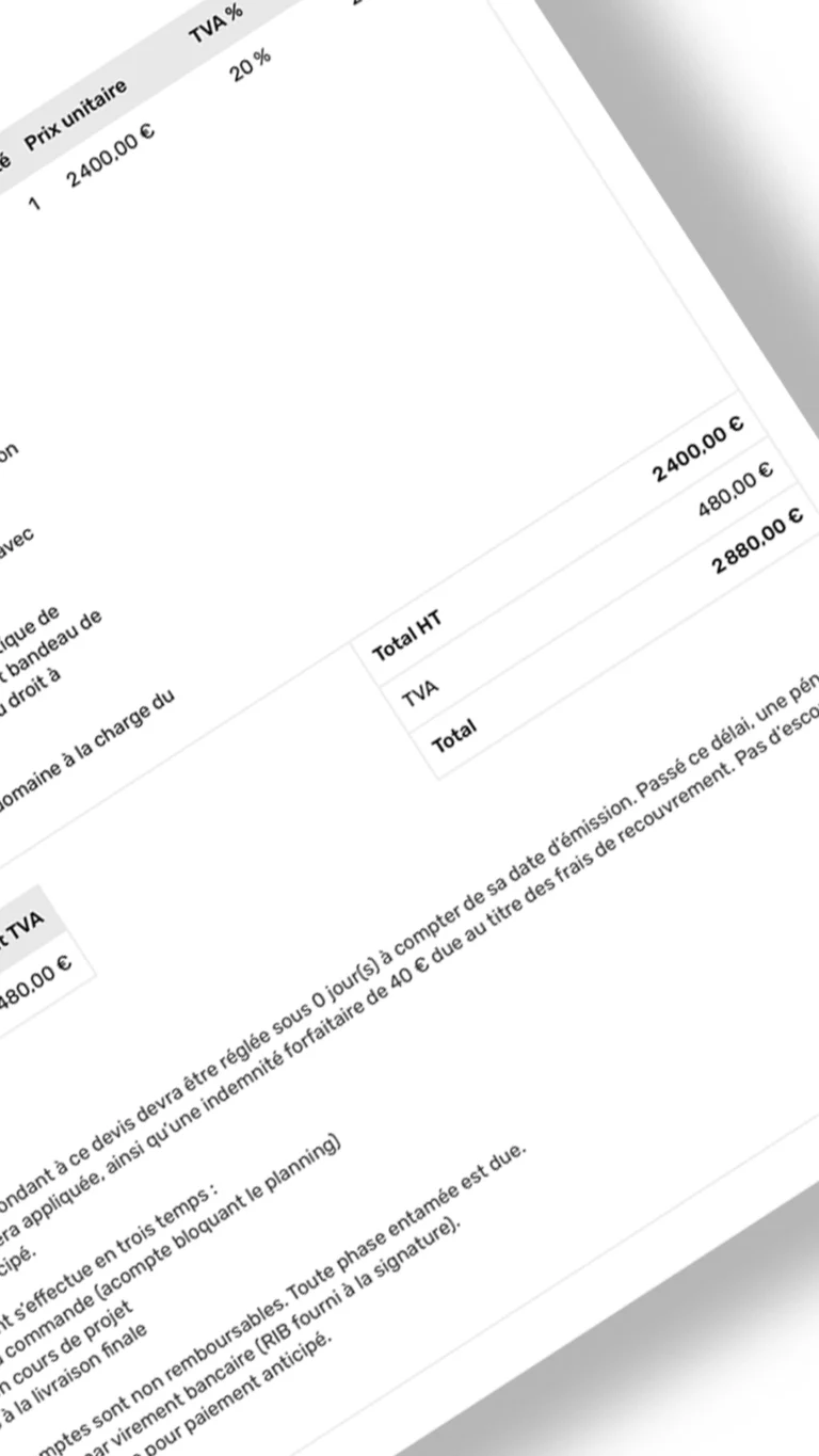 Détail d'un modèle de devis de graphiste freelance montrant les mentions légales et les postes de prestation.