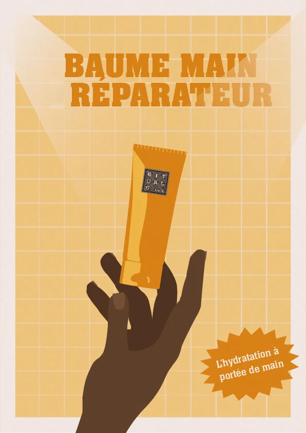 Illustration d'un baume pour les mains RITUALS, tenu par une main. Le texte "BAUME MAIN REPARATEUR" est écrit en haut de l'affiche, et "L'hydratation à portée de main" est dans une bulle en bas à droite.