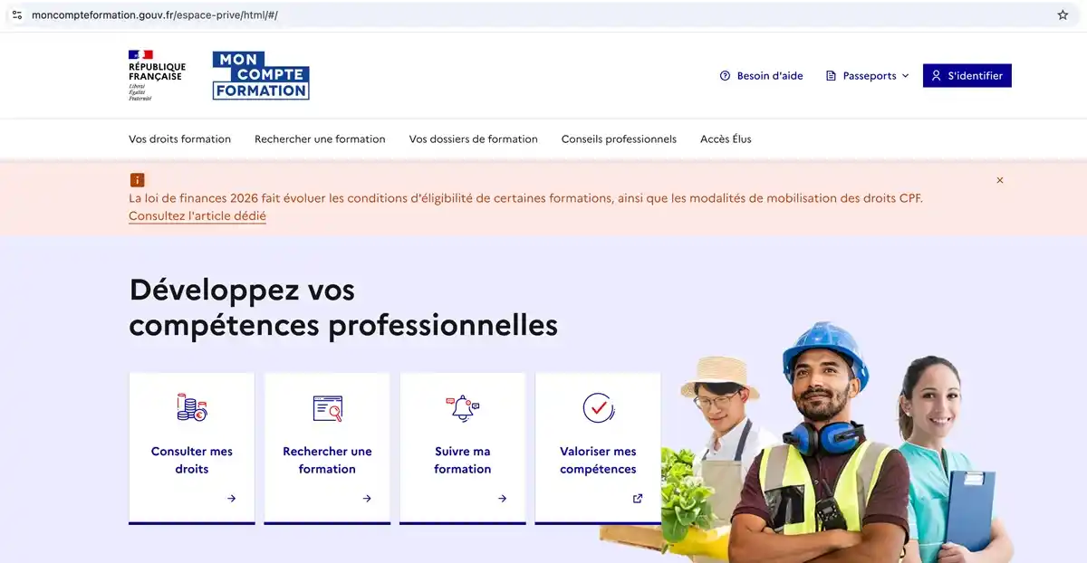 CPF 2026 : Capture d'écran de l'interface officielle Mon Compte Formation en 2026, montrant les options de consultation de droits et de recherche de formation après la réforme.