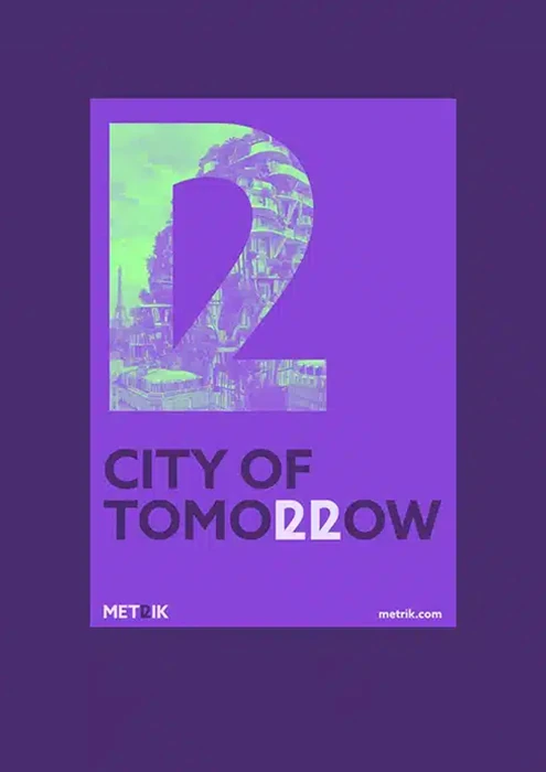 Affiche « City of Tomorrow » : ville végétalisée dans un chiffre 2 géant sur fond violet, projet de la formation courte en graphisme chez bo école