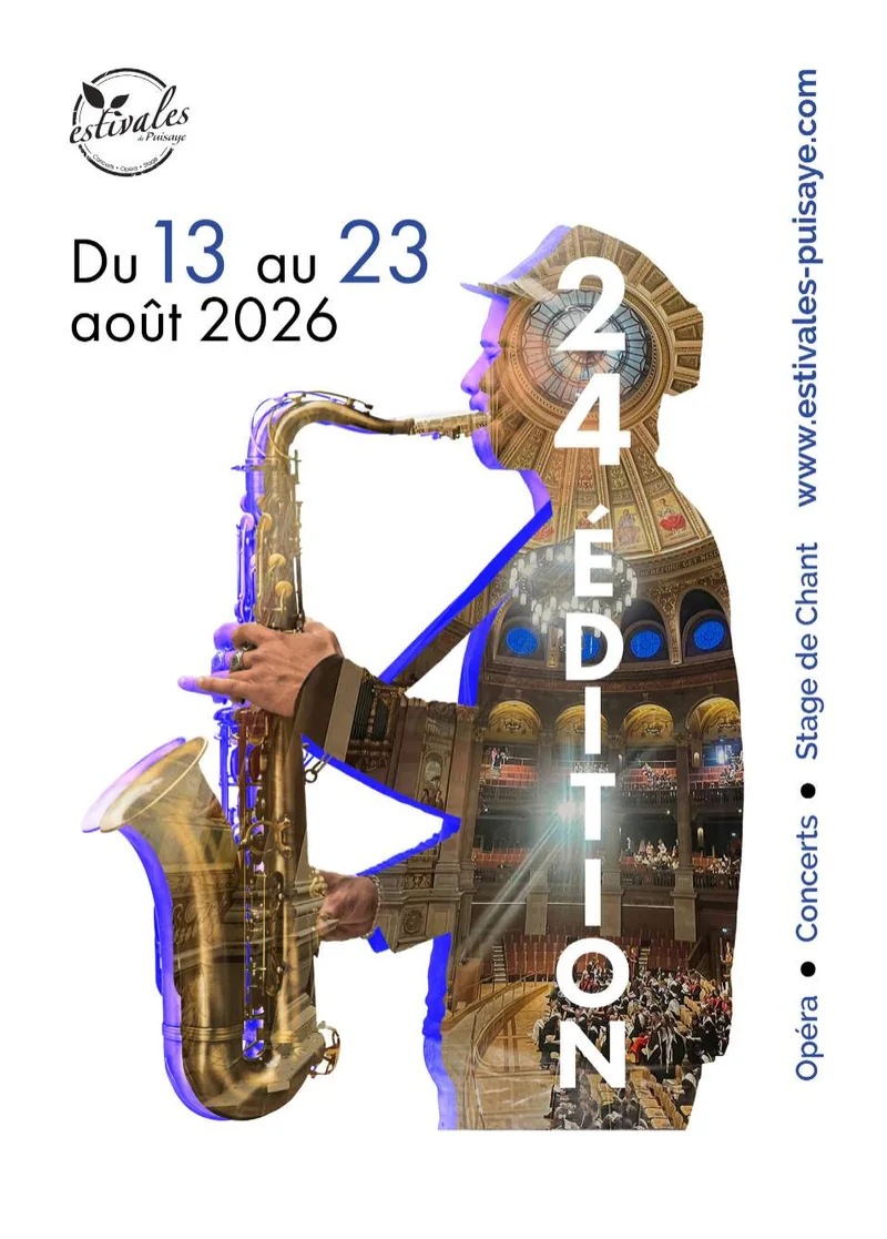 Affiche du festival Les Estivales de Puisaye 2026 en photomontage, réalisée par Benjamin, graphiste formé chez bo école
