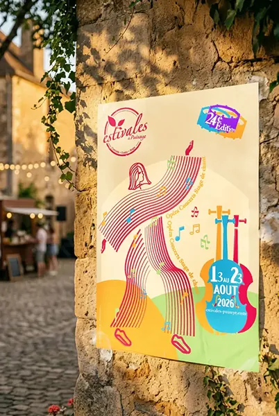 Affiche lauréate des Estivales de Puisaye 2026, festival de musique classique en Bourgogne, créée par Océane, certifiée du titre pro Graphiste chez bo école