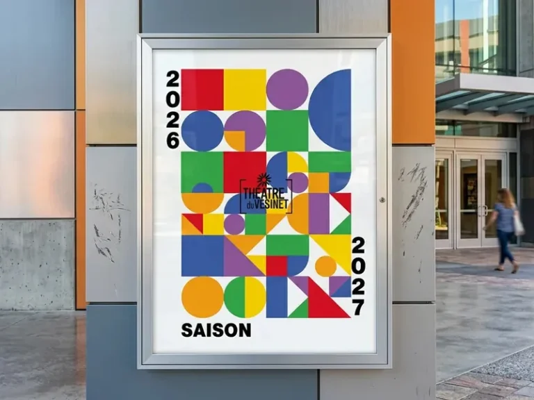 Affiche de la saison 2026-2027 du Théâtre du Vésinet en formes géométriques colorées, créée par Océane, graphiste formée chez bo école