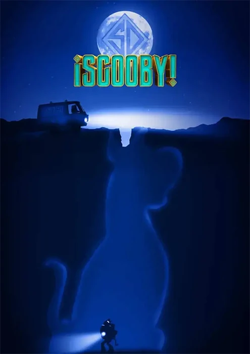Affiche nocturne : silhouette géante d’un chien sous la lune et van éclairé, projet d’apprenant en formation Illustrator chez bo école