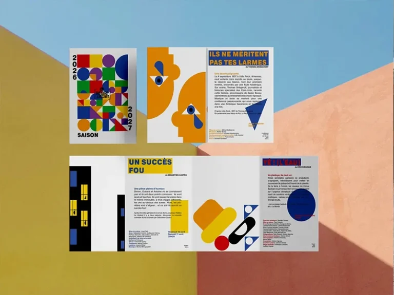 Identité éditoriale de la saison 2026-2027 du Théâtre du Vésinet : couverture et pages de brochure par Océane, graphiste formée chez bo école