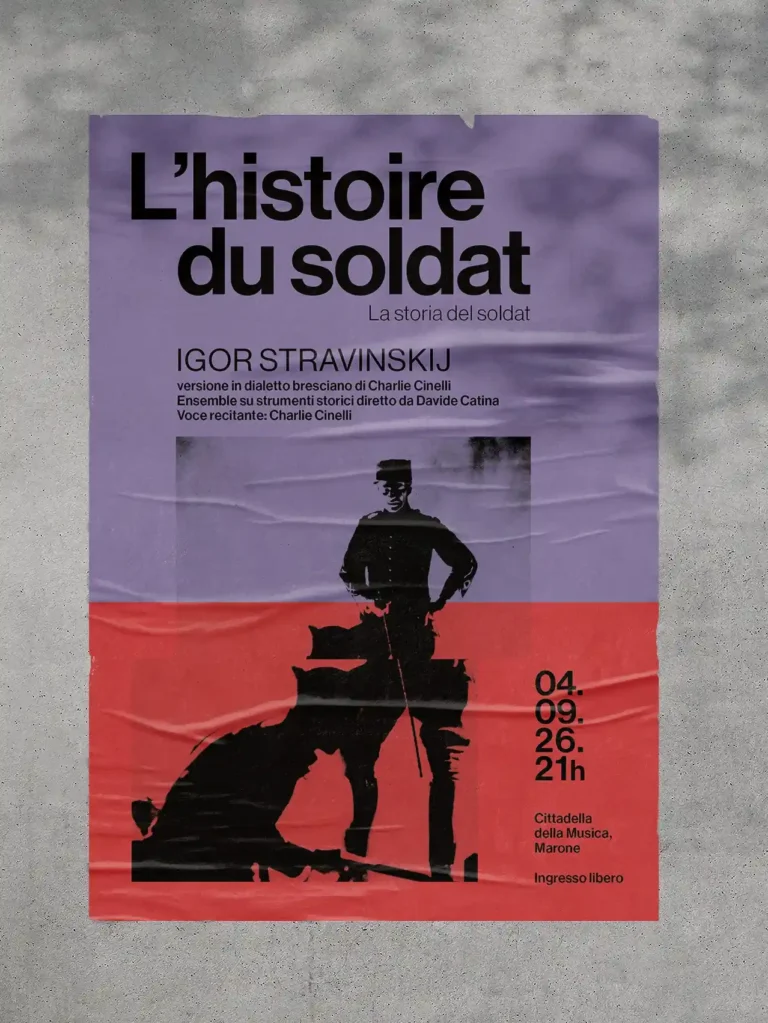 Affiche L’histoire du soldat de Stravinsky, soldat en noir sur aplats violet et rouge, par Giulia, formée chez bo école