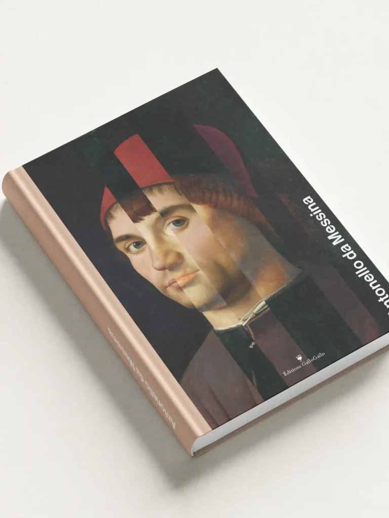 Catalogue Antonello da Messina, portrait recomposé en bandes verticales, par Giulia, formée sur InDesign et Illustrator