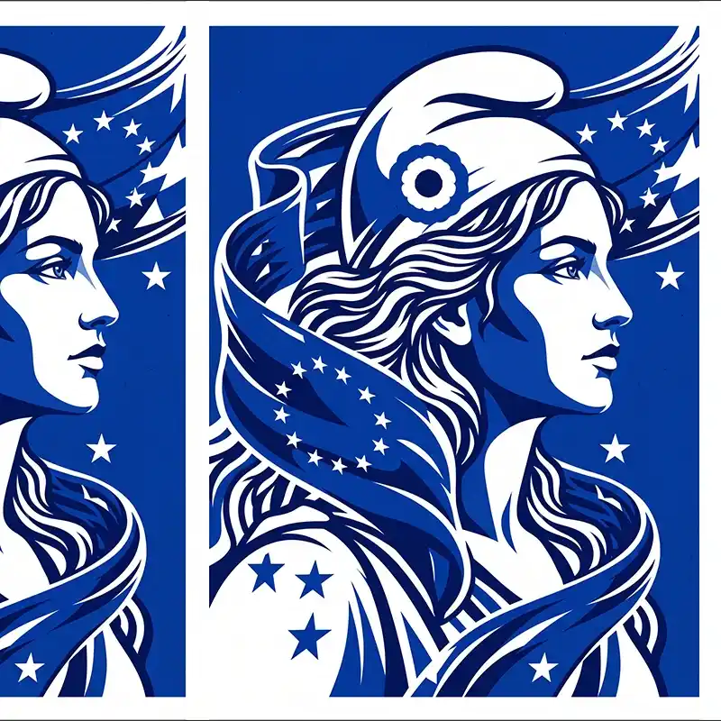 Marianne européenne de profil, bonnet phrygien et ruban étoilé de l’Union européenne, en bleu et blanc