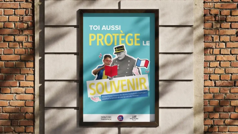 Affiche Toi aussi protège le souvenir, enfant lisant près d’un ancien combattant, par Thelma, graphiste en reconversion
