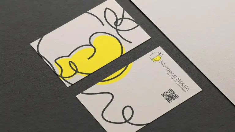 Cartes de visite Morgane Bessin, tracé fait main et aplat jaune, par Thelma, reconvertie en graphiste chez bo école